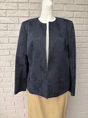 Kasper Navy Blue Jacquard Open Front Blazer Size 14